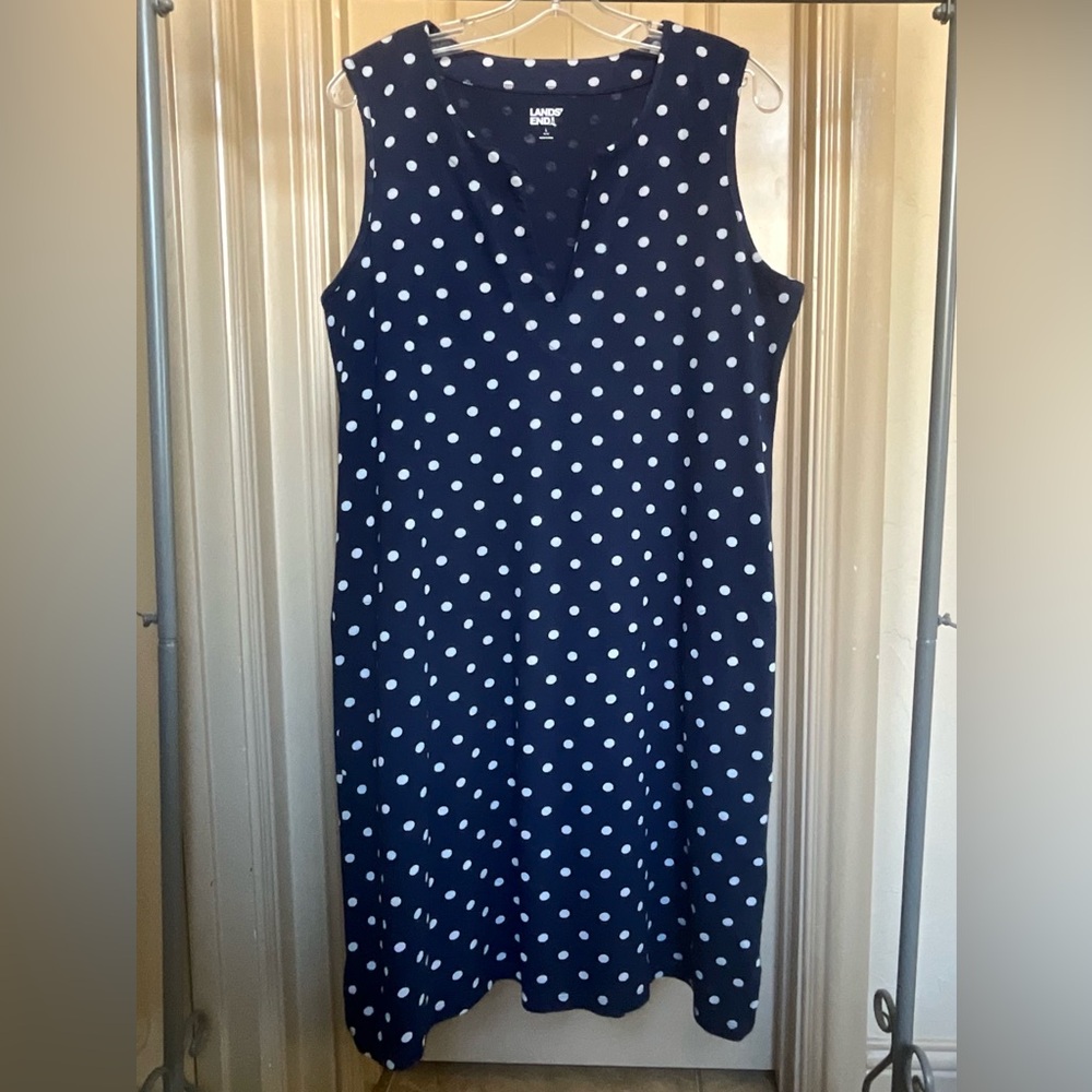 Lands' End Cotton Jersey Swim Cover-up Dress Navy Polka Dot